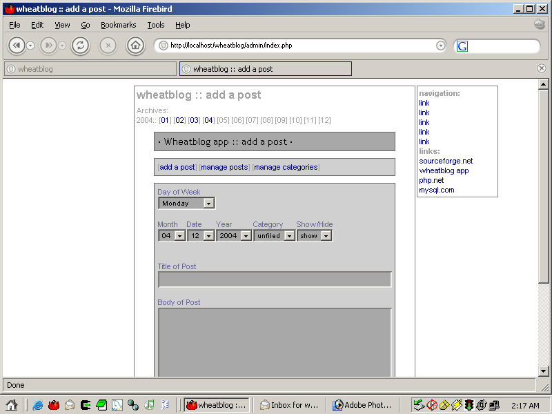 The screen for adding blog posts to the database.